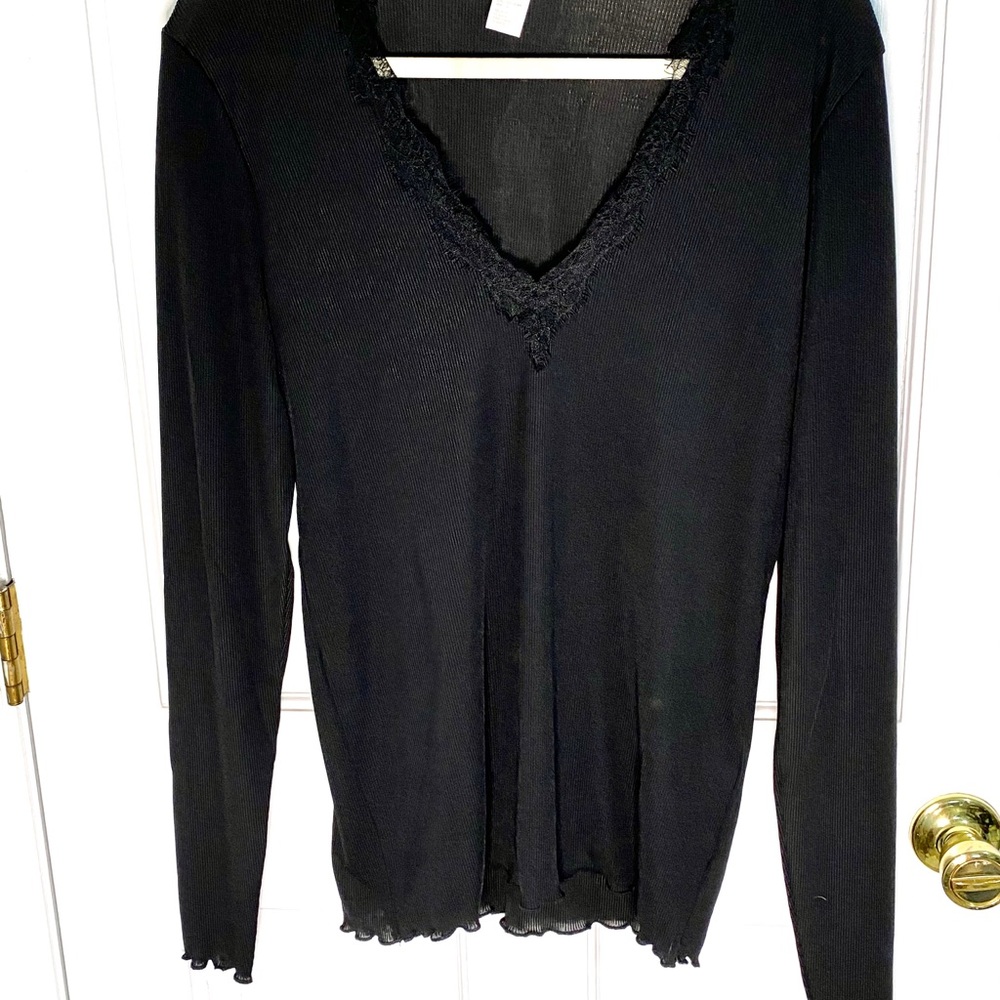NWOT- Slinky, lace neck, lettuce trim top